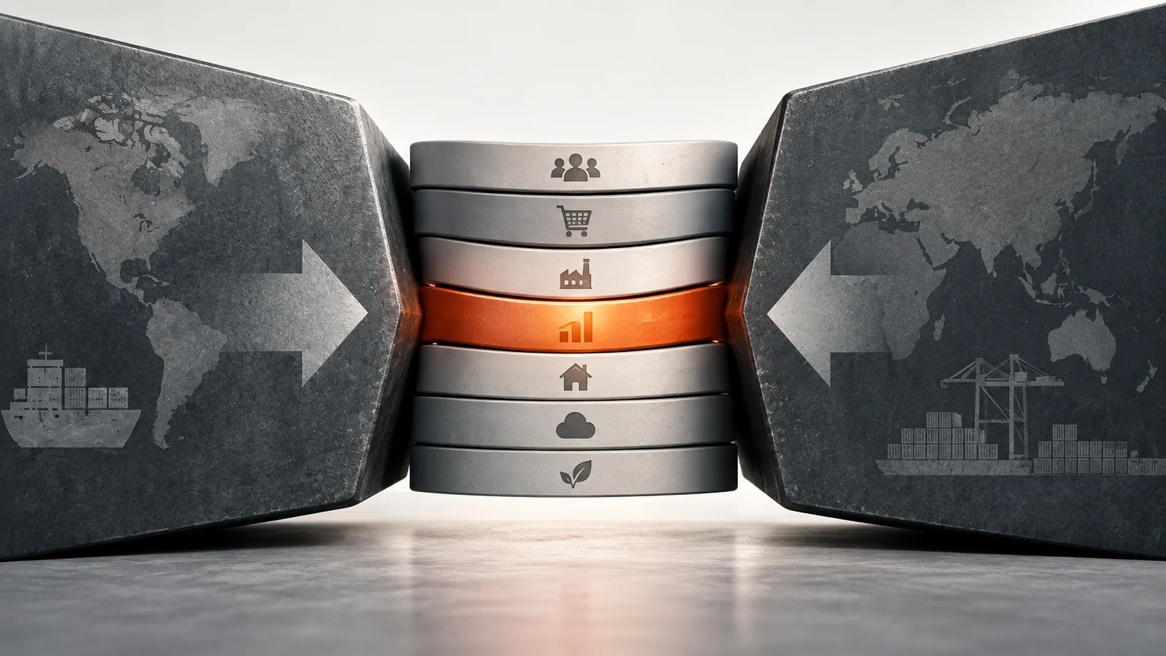 A stack of thin bars pressed inward by two heavy slate forms, one glowing rust