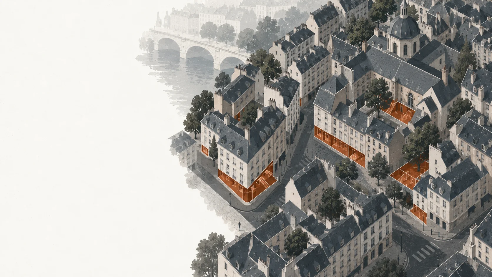 Aerial abstract of a dense European city block, small spaces carved from existing buildings
