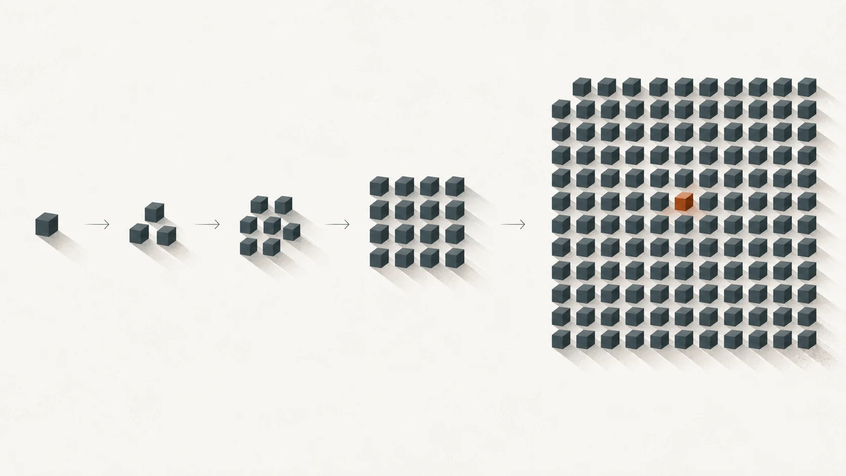A single ink cube multiplying into a calm grid, one cell picked out in rust