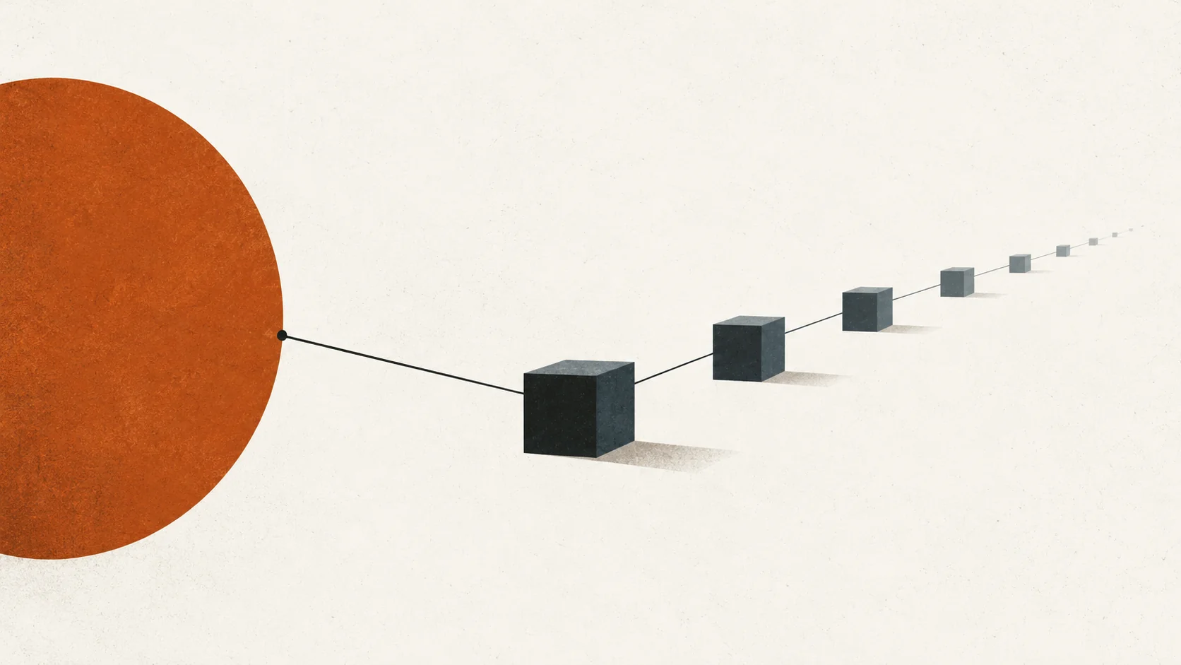 A large rust circle connected by a taut line to a receding chain of small ink cubes, each smaller than the last