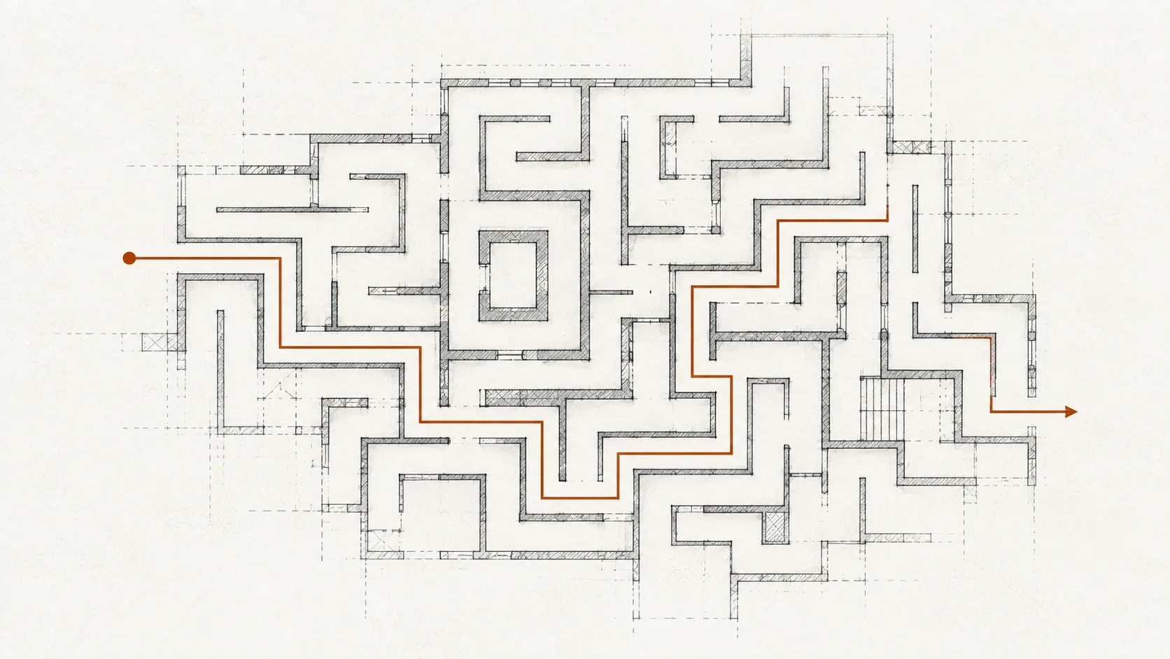 A fine ink labyrinth with one continuous rust line threading a path through it