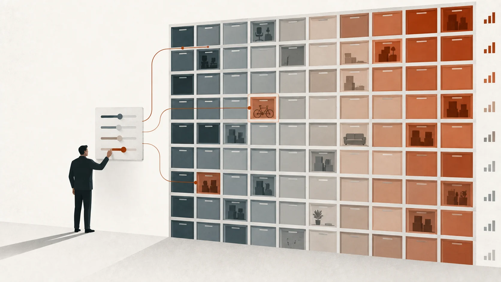 A grid of cells stepping in tone from slate through grey to rust
