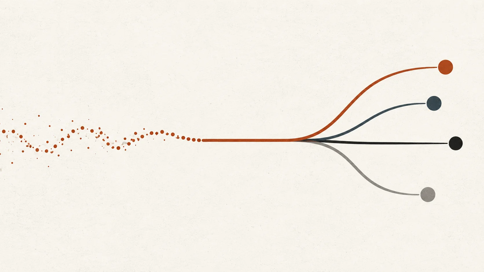 A dotted, uncertain rust trace solidifying into a single confident line that splits into four diverging paths
